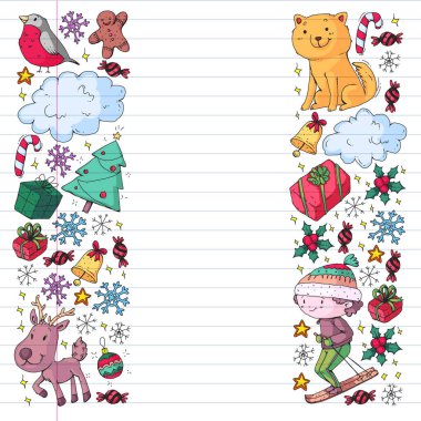 Küçük çocuklar için Noel şablonu. Çocuklar kış tatillerinde oynar ve eğlenirler..