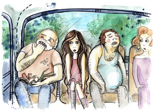 Ilustración de personas sentadas dentro de un autobús viejo Imagen De Stock