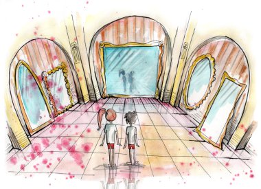 Watercolor illustration of two kids standing in a hall of mirrors clipart