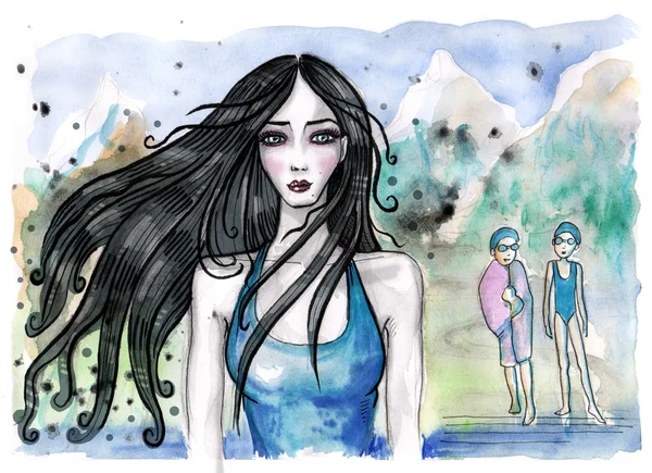 Акварельная иллюстрация учителя плавания с длинными темными волосами и ее учеников сзади — стоковое фото