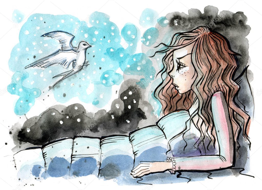 Watercolor illustration of girl in her bed with magical swallow beside