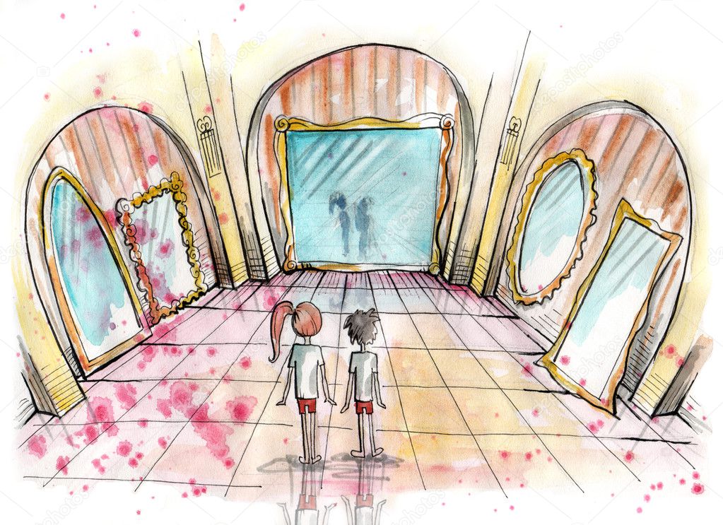 Watercolor illustration of two kids standing in a hall of mirrors