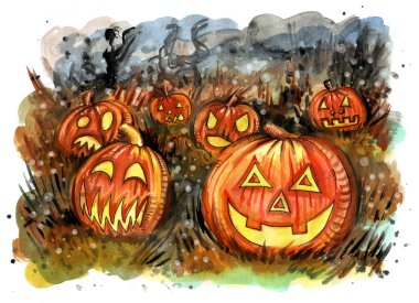 Grup mum yaktı Halloween pumpkins sahada oymalı
