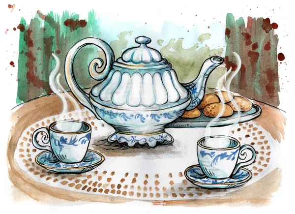 Vista de close-up de bule e xícaras de chá na mesa Imagens Royalty-Free
