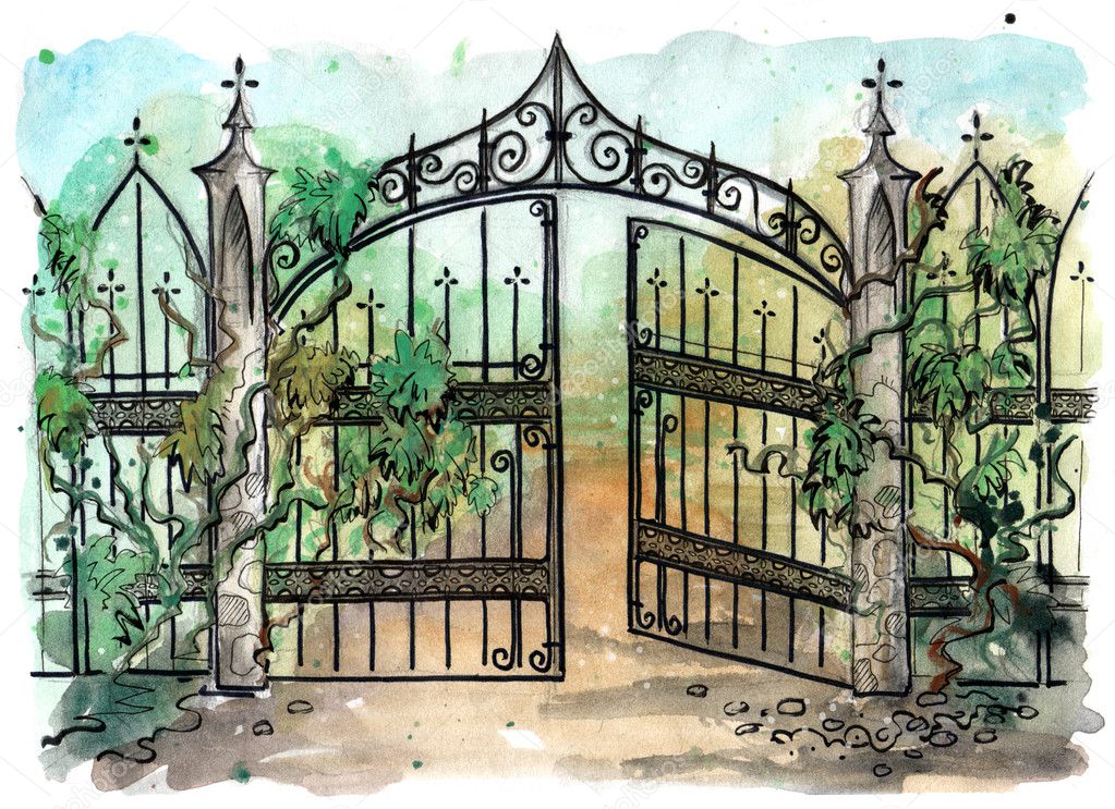 Watercolor illustration of old gothic gate