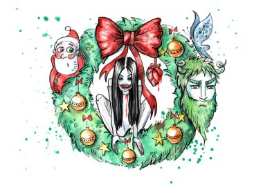Ürkütücü Noel çelenk suluboya çizimi