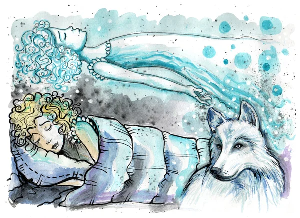 星体投射。水彩插图的女孩在她与神奇狼在旁边的床上 — 图库照片