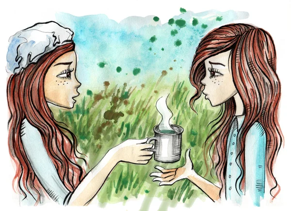 Irmãs gêmeas compartilhando uma xícara de chá — Fotografia de Stock