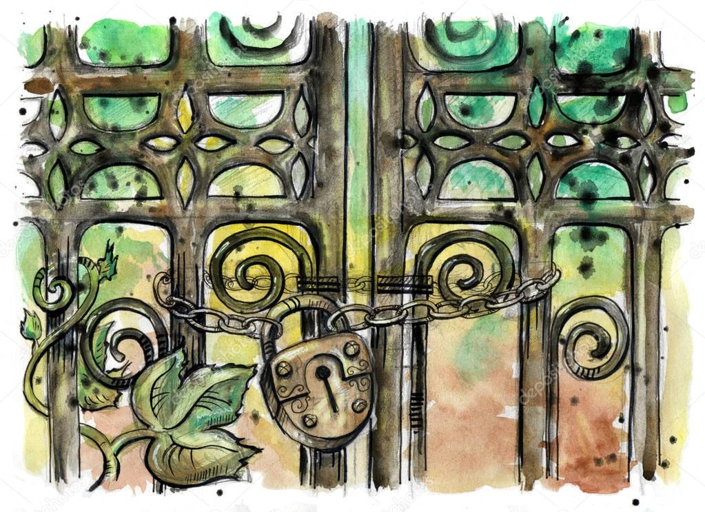 Watercolor illustration of wrought iron gate