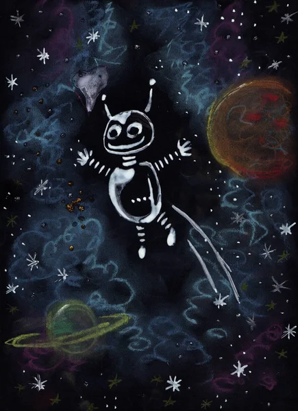 Happy robot jumping in the space