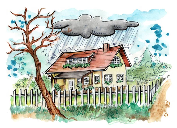 Huis op een regenachtige dag — Stockfoto