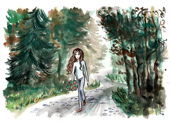 Meisje, wandelen door het bos — Stockfoto
