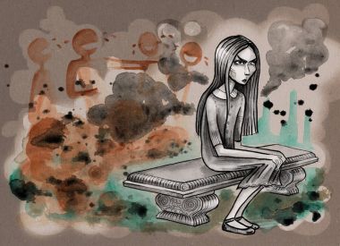 Dark girl dressed in black sitting alone on the stone bench clipart