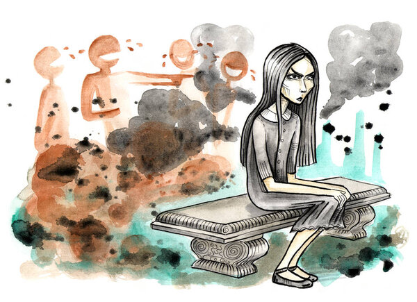 Темная девушка, сидящая на каменной скамье
