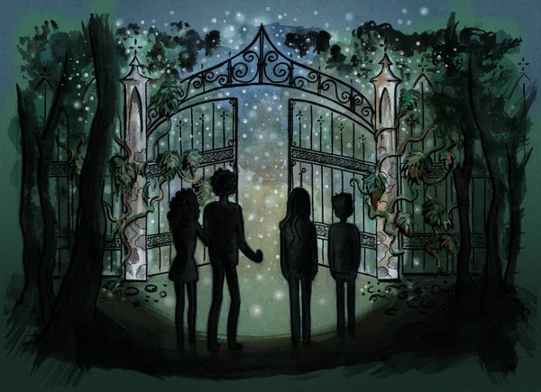 Çocuklar eski Gotik kapısı önünde bir el feneri ile