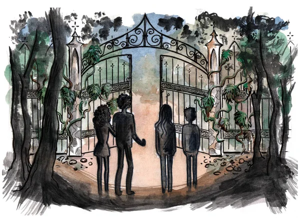 Çocuklar eski Gotik kapısı önünde bir el feneri ile