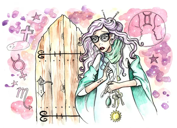 Female Fortuneteller with magic symbols all around
