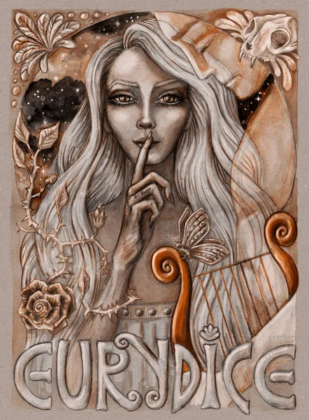 从希腊神话中的人物水彩画 俄耳甫斯站在 手指在她无声的唇上 手绘插图数字彩色 — 图库照片