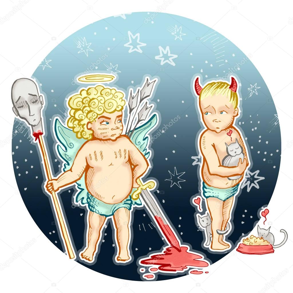 Good and Evil. Prejudice. Furious Angel standing with his blood sword and war trophey beside shy and tender Devil with his kittens. Hand drawn illustration digitally colored