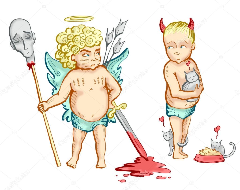 Good and Evil. Prejudice. Furious Angel standing with his blood sword and war trophey beside shy and tender Devil with his kittens. Hand drawn illustration digitally colored isolated on white