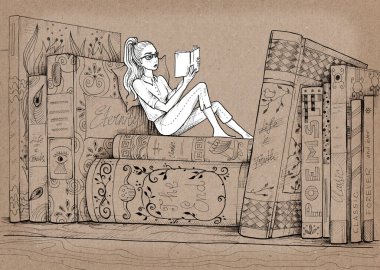 Oğlak burcu. Kitap rafında oturmuş kitap okuyan küçük bir kız. El çizimi çizimi. Eskimiş karton arka planda siyah beyaz karakter