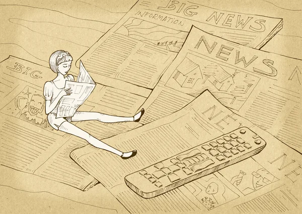 Géminis Niña Sentada Los Periódicos Leyendo Ilustración Dibujada Mano Digitalmente — Foto de Stock