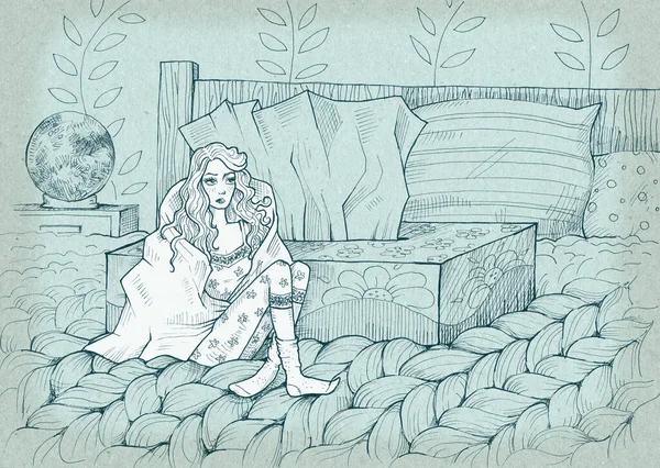 Cancer Tiny Girl Sitting Bed Box Tissues Hand Drawn Illustration — Stock Photo, Image