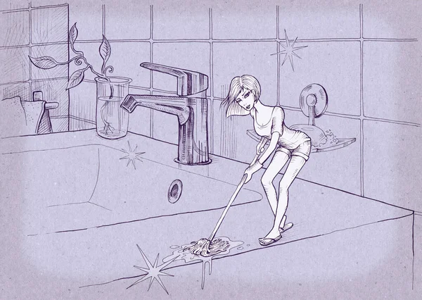 Başak Banyodaki Lavaboyu Temizleyen Küçük Bir Kız Çizimi Dijital Olarak — Stok fotoğraf