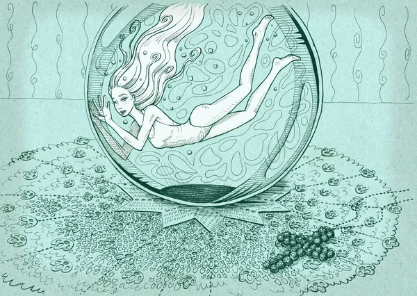 Fische Winziges Mädchen Schwimmt Aquarium Auf Dem Tisch Handgezeichnete Illustration — Stockfoto