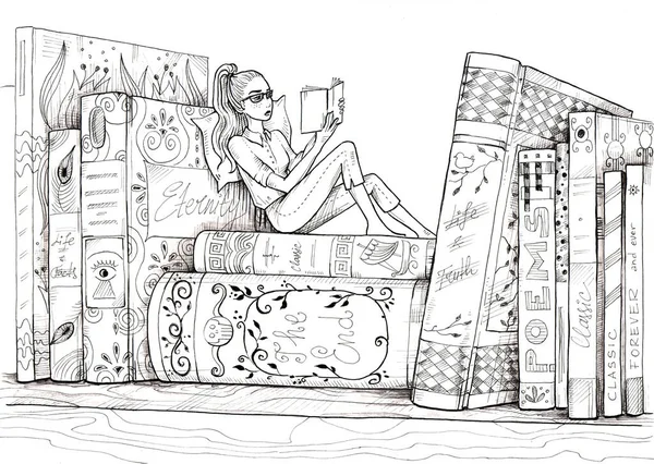Capricorno Piccola Ragazza Seduta Sullo Scaffale Del Libro Leggere Illustrazione — Foto Stock
