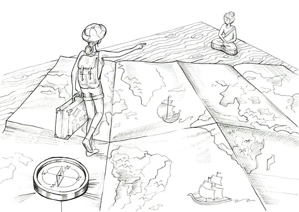 Střelec Malá Holka Kráčející Mapě Světa Ručně Kreslená Ilustrace Černobílá Royalty Free Stock Obrázky