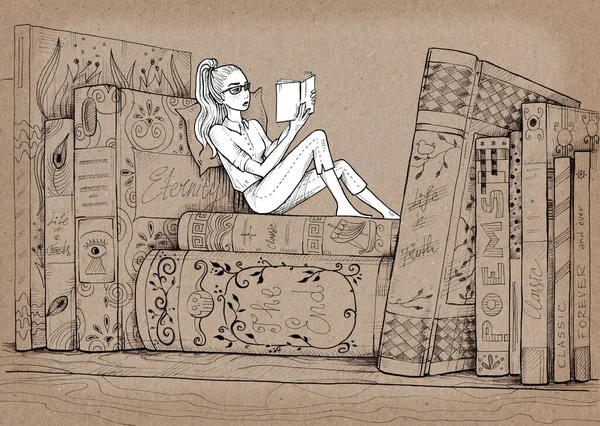 Capricorn Tiny Girl Sitting Book Shelf Reading Hand Drawn Illustration Royalty Free Stock Photos