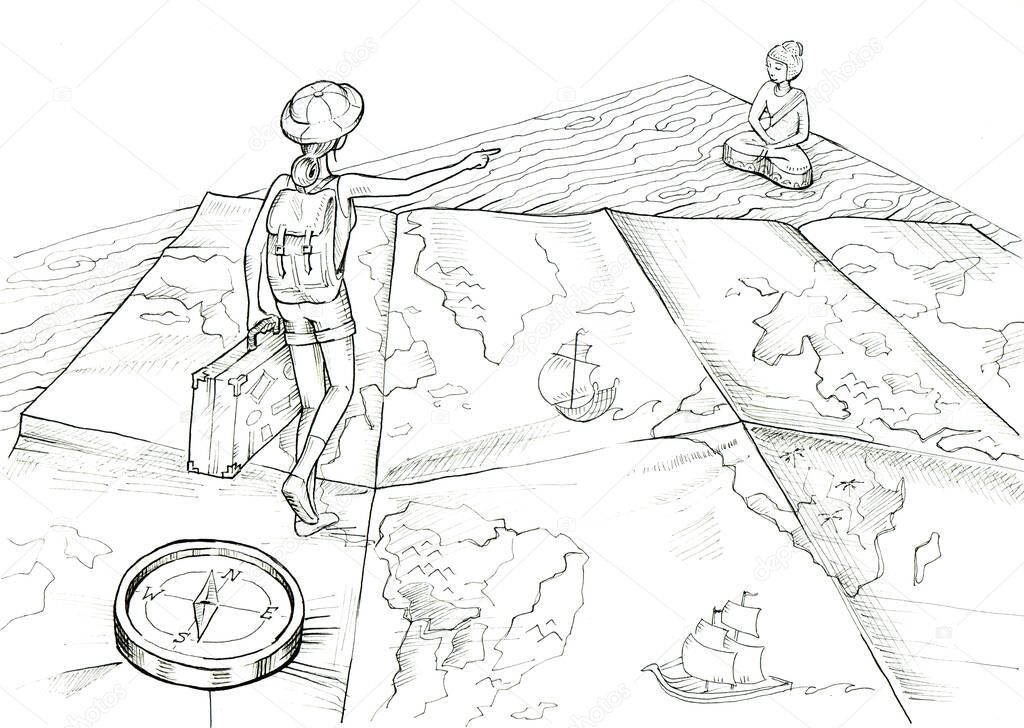 Sagittarius. Tiny girl walking on the world map. Hand drawn illustration. Black and white drawing