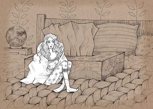 Cancer Tiny Girl Sitting Bed Box Tissues Hand Drawn Illustration — Stock Photo, Image