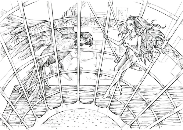 Leo Tiny Girl Swinging Bird Cage Hand Drawn Illustration Black Stock Photo