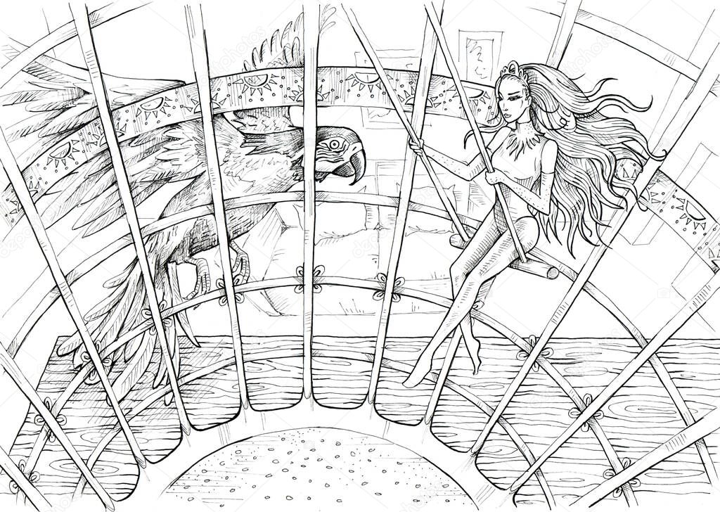 Leo. Tiny girl swinging in the bird's cage. Hand drawn illustration. Black and white drawing