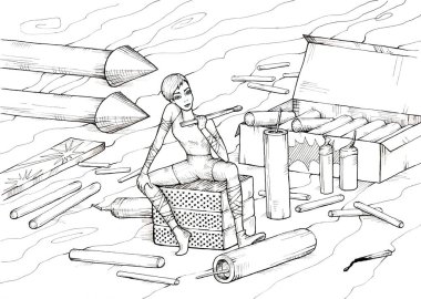 Koç burcu. Havai fişeklerle çevrili küçük bir kız kibritin üzerinde oturuyor. El çizimi çizimi. Siyah beyaz çizim