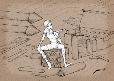 Koç burcu. Havai fişeklerle çevrili küçük bir kız kibritin üzerinde oturuyor. El çizimi çizimi. Eskimiş karton arka planda siyah beyaz karakter