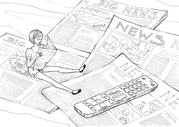 Bliźniaki Mała Dziewczynka Siedzi Gazetach Czyta Ręcznie Rysowana Ilustracja Rysunek — Zdjęcie stockowe