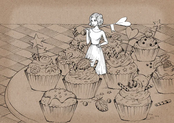 Bika Egy Kislány Áll Muffinokkal Teli Tányéron Kézzel Rajzolt Illusztráció — Stock Fotó