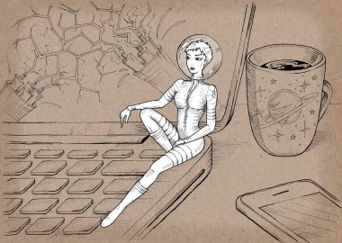 Kova burcu. Astronot gibi giyinmiş küçük bir kız dizüstü bilgisayarda oturuyor. El çizimi çizimi. Eskimiş karton arka planda siyah beyaz karakter