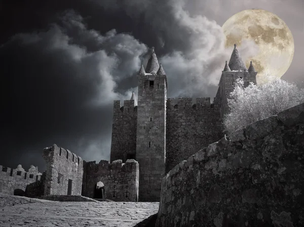 Middeleeuws kasteel in een nacht met volle maan — Stockfoto