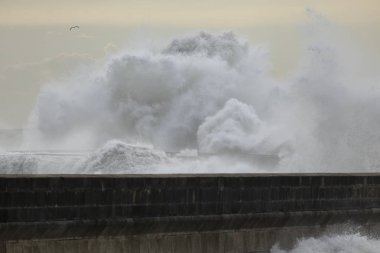 Fırtınalı bir dalganın iskelede büyük bir sıçraması.