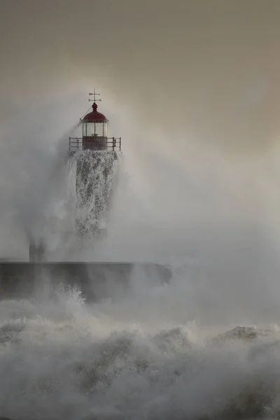 Farol Velho Foz Rio Douro Durante Tempestade Mar Ver Água — Fotografia de Stock