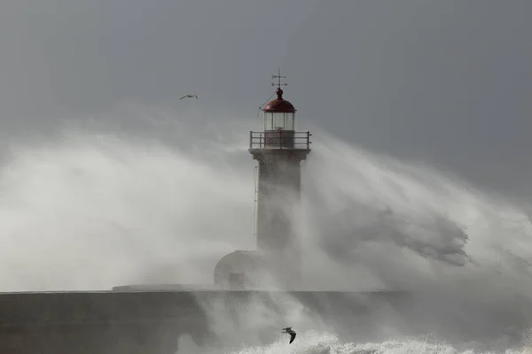 Stormy Day Douro River Mouth Seeing Its Old Lighthouse Surrounded — Stock Photo, Image