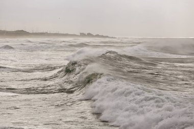 Uzun dalgalı deniz manzarası. Kuzey Portekiz kıyıları.