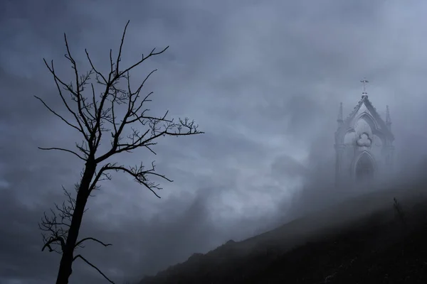 Tajemniczy Krajobraz Strachu Ciemności Widząc Drzewo Baru Stary Grób Cmentarza — Zdjęcie stockowe