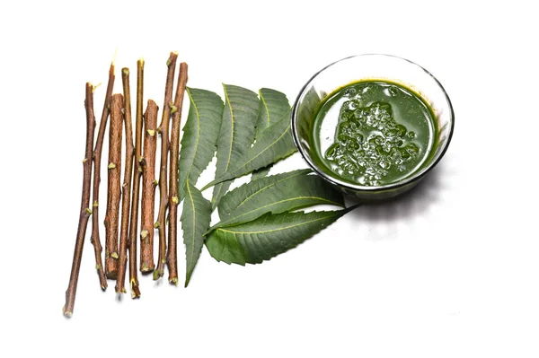 Medicinal Ayurvedic Azadirachta Indica Neem Leaves Neem Paste Isolated White — 스톡 사진