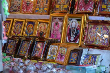 MAIHAR, MADHYA PRADESH, INDIA - DECEMBER 22, 2019: indian temple religious shop near sharda temple at district Satna Maihar in India.