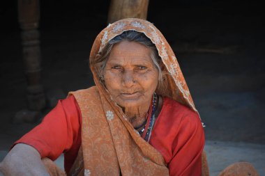 Tikamgarh, Madhya Pradesh, Hindistan - 3 Şubat 2020: Köyündeki yaşlı bir Hintli kadının yakın plan portresi.